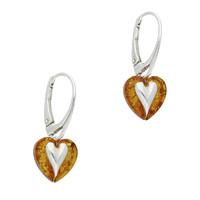 Earrings Amber And Silver Heart Silver Centre