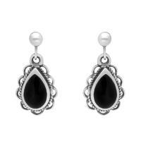 Earrings Whitby Jet And Silver Pear Rope Frill Drop