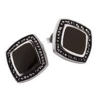 Earrings Whitby Jet And Silver Marcasite Wide Rhombus Framed Stud