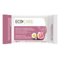 Ecocare Facial Cleansing Wipes - Organic Rose with Chamomile 25 Wipes