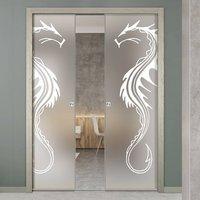 Eclisse 10mm Dragon Sandblasted Design on Clear or Satin Glass Double Pocket Door