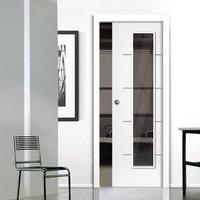 eco blanco satin white single pocket door clear glass prefinished