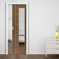 eco mocha walnut single pocket door clear glass prefinished