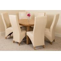 edmonton oak extending round dining table 6 ivory lola leather chairs