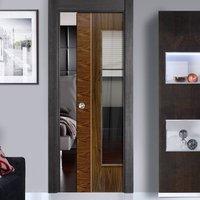 edras walnut single pocket door clear glass prefinished