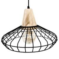 Eglo 49779 Norham 1 Light Ceiling Pendant With Black Cage Shade And Brown Wood Detail - Dia: 395mm