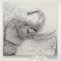 Elephant Square Oil Painting In Canvas Wood And Metal