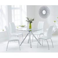 elva 100cm glass dining table with white calgary chairs