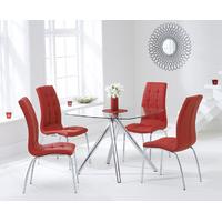 elva 100cm glass dining table with red calgary chairs