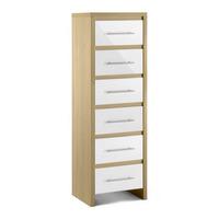 elite 6 drawer narrow chest in oak and white high gloss