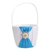 Elegant Wedding Flower Basket With Blue Satin Pearls Flower Girl Basket