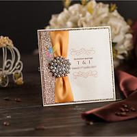 Elegant Gold Glitter Wedding Invitations Card With Ribbon and Rhinestone Brooch Birthday Party Baby Shower Invitations TKY315