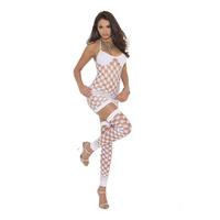 Elegant Moments Lingerie Diamond Net Halter Mini Dress & Footless Stockings White 1559