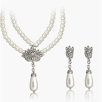 Elegant White Pearl Drop Pendant Necklace Earrings Jewelry Set with Crystal Crown