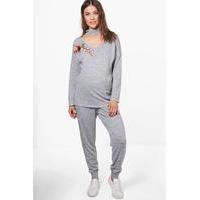 Ellie Choker Embroidered Loungewear Set - grey