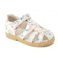 Ellie, White/Pink Floral Leather Girls Riptape Sandals