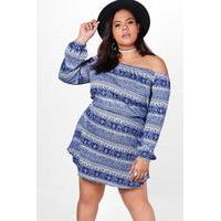 Ellie Elephant Paisley Print Off The Shoulder Dress - blue