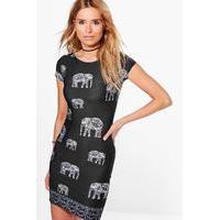 Elephant Print Cap Sleeve Bodycon Dress - black