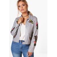 ellie embroidered studded biker jacket grey