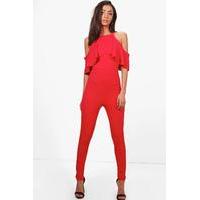 Ella Ruffle Cold Shoulder Jumpsuit - red