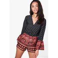 Ellie Border Printed Flare Sleeve Playsuit - multi