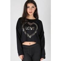 Elvina Love Heart Print Long Sleeves Crop Top