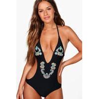 Elsa Embroidered Red Paisley Bead Swimsuit - black