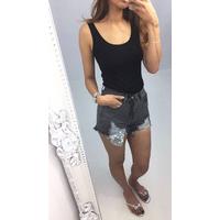 Elina grey denim sequin pocket distressed shorts