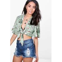 Ellen Leaf Print Plunge Twist Front Blouse - green