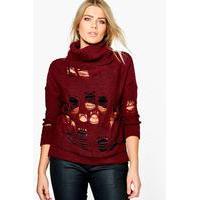 Elle Ladder Roll Neck Jumper - wine