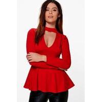 Elspeth Extreme Plunge Choker Peplum Top - red