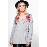 Elsa Applique V Neck Smock Top - light grey