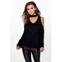 elle open shoulder bell sleeve choker top black