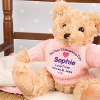 Embroidered Christening Teddy Bear: Pink Jumper