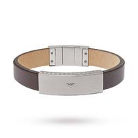Emporio Armani Brown Leather Bracelet with Steel Eagle ID Tag and Stud Detail