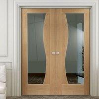 Emilia Oak Flush Door Pair with Stepped Design and Clear Safe Glass