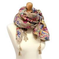 Embroidered Tassel Scarf, Taupe