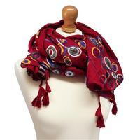 Embroidered Tassel Scarf, Red