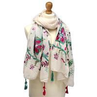 Embroidered Floral Tassel Scarf, Cream