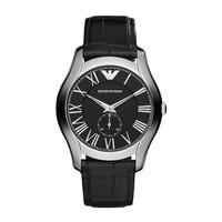 Emporio Armani men\'s Roman numeral dial black leather strap watch