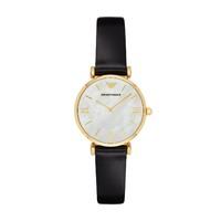 Emporio Armani ladies\' mother of pearl dial gold-tone and black leather strap watch