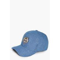 Embroidered Tiger Denim Cap - blue