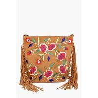 Embroidered Fringed Cross Body Bag - tan
