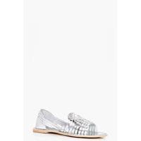 Embellished Peeptoe Woven Leather Flat - silver