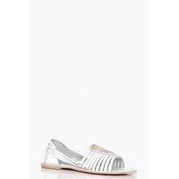 Embellished Peeptoe Woven Leather Flat - white