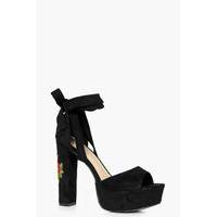 Embroidered Platform Heel With Wrap Strap - black