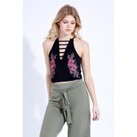 EMBROIDERED STRAP FRONT CROP TOP