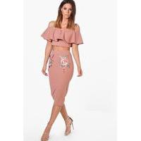 Embroidered Frill Crop & Midi Co-ord Set - rose
