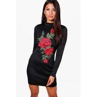 embroidered high neck bodycon dress black