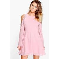 Embellished Open Shoulder Skater Dress - blush